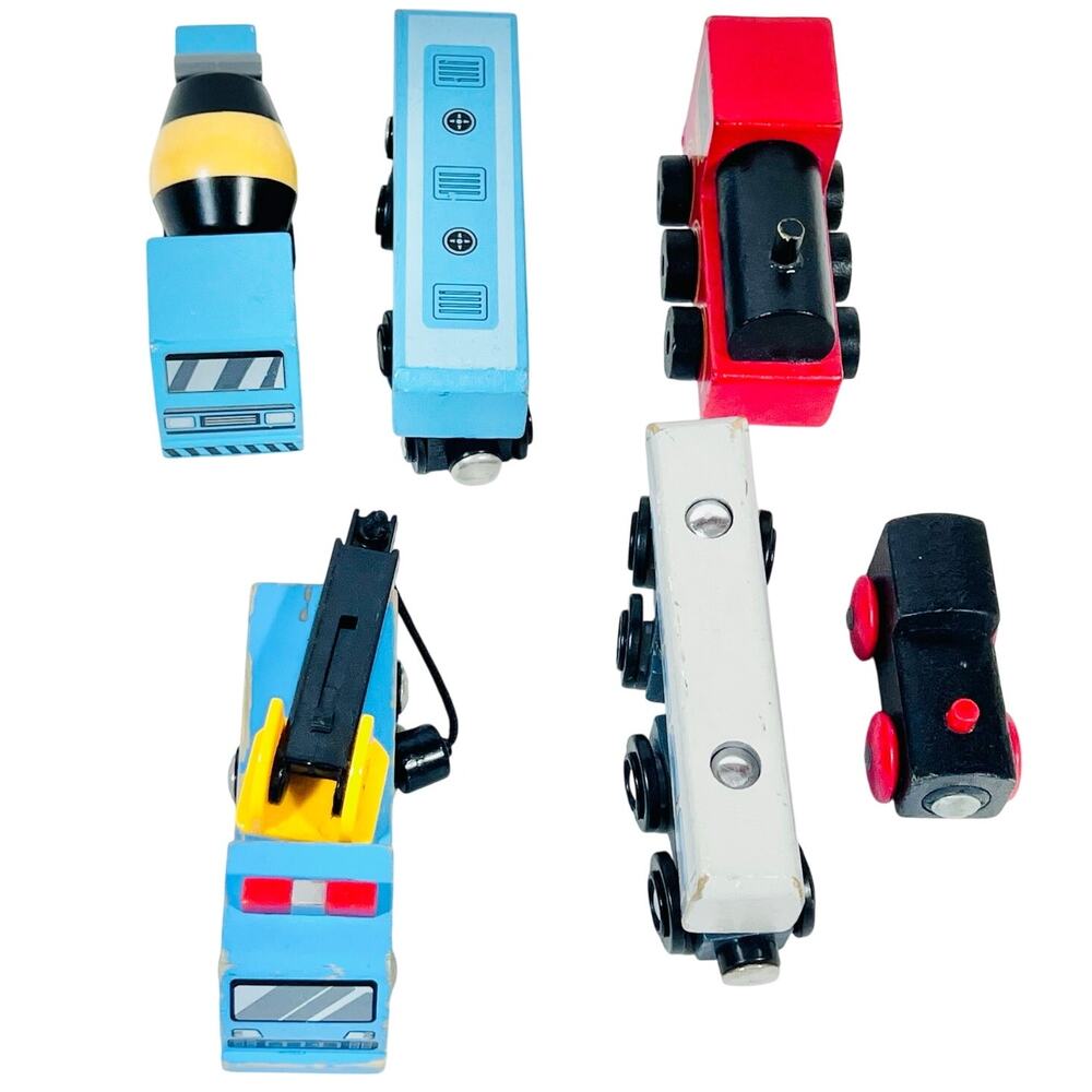 Wooden Trains Truck Cement Crane Red Black Blue Lot 6 Vehicles Kid Toy Toddler